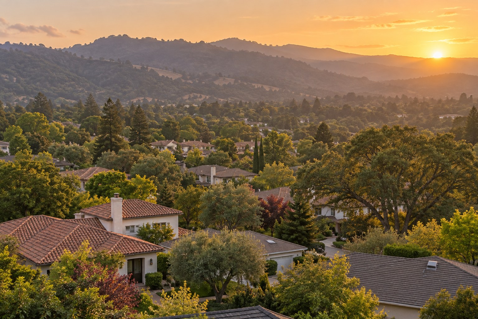 A leafy South Bay neighborhood at sunset, illustrative