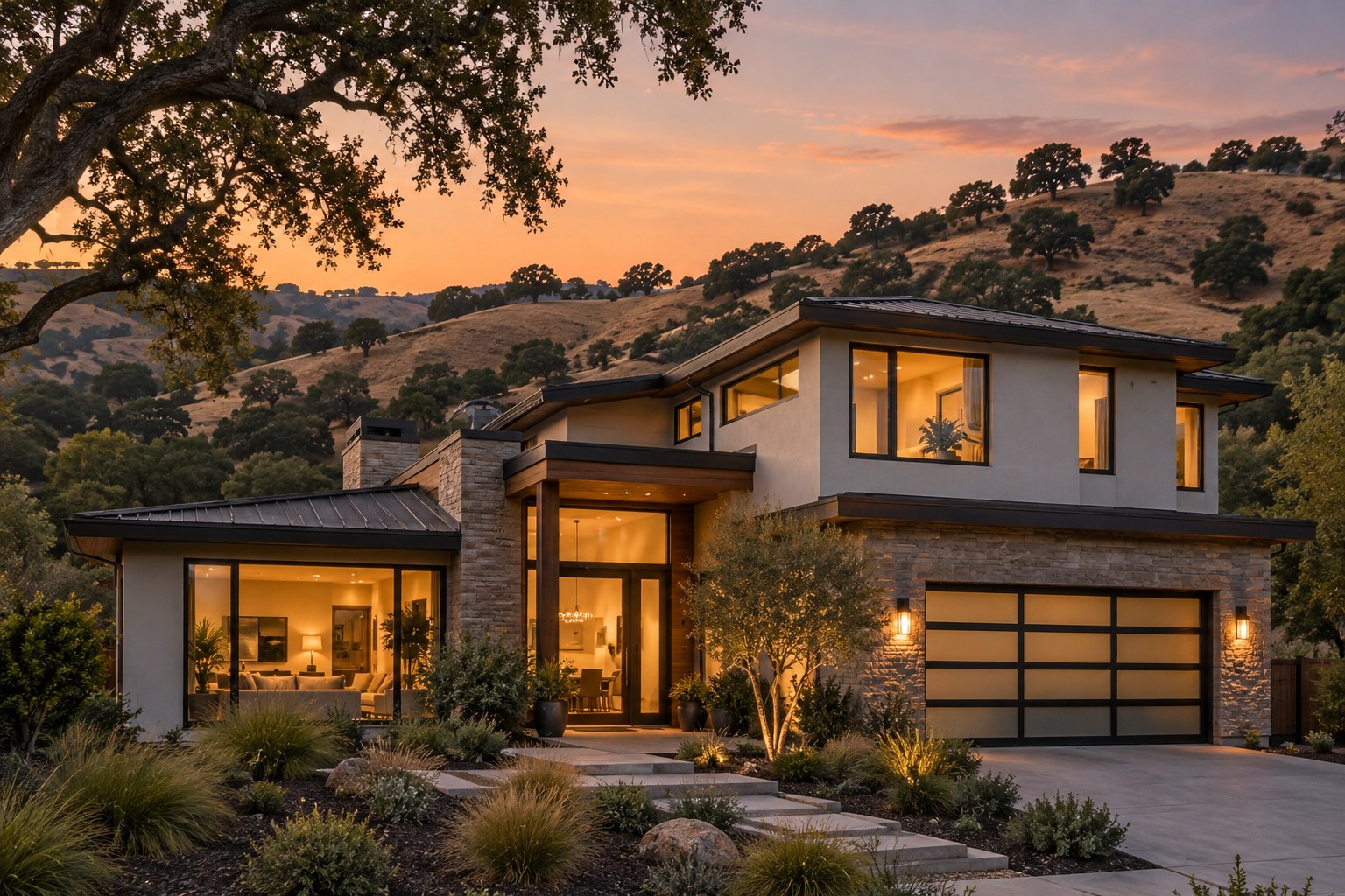 A Santa Clara County foothill home at dusk, illustrative