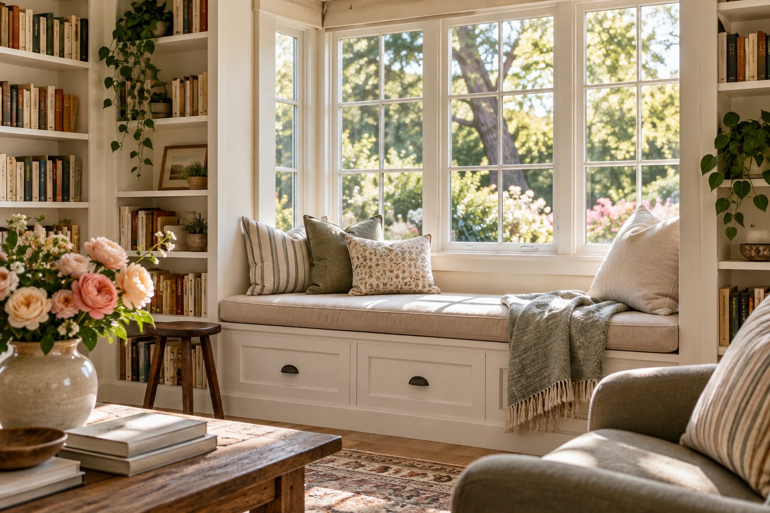 A sunlit California reading nook, illustrative